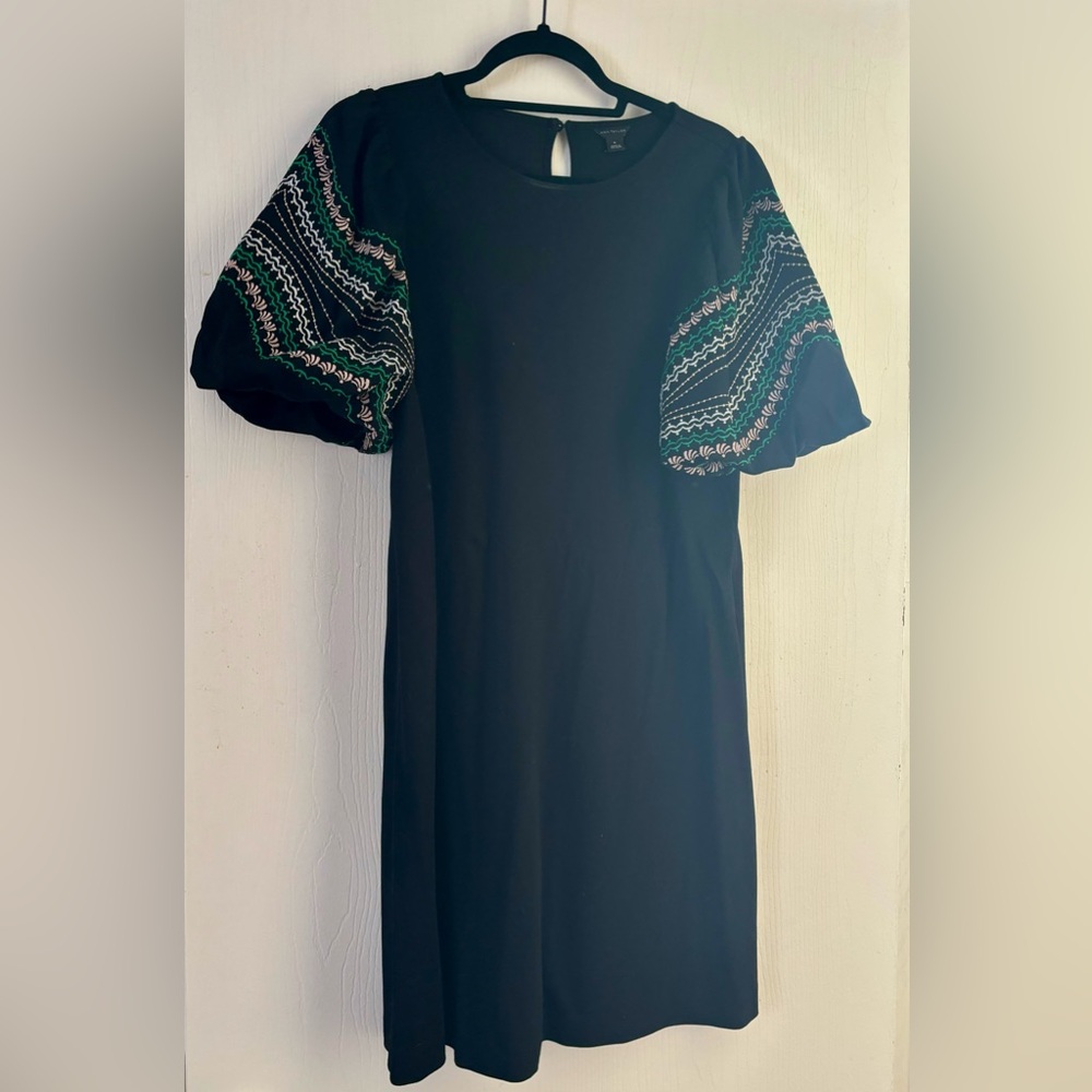 Ann Taylor lined Ponte dress with embroidered sleeves.